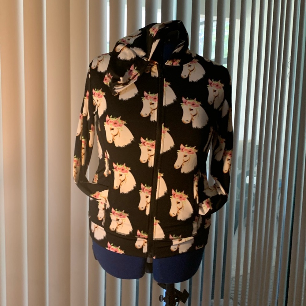 hoodie horse head flower design long sleeve zip up size L/XL 4 pockets